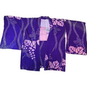 Japanese Kimono Yukata Robe Floral Womens One Size Purple Pink Asian Wide Sleeve